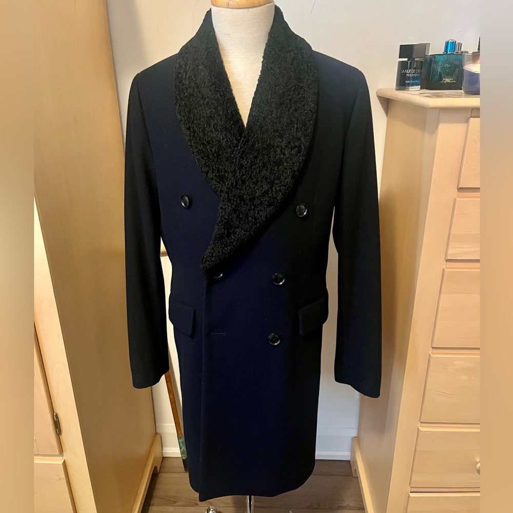 ASOS Navy Fur Collar Overcoat Wool Size M